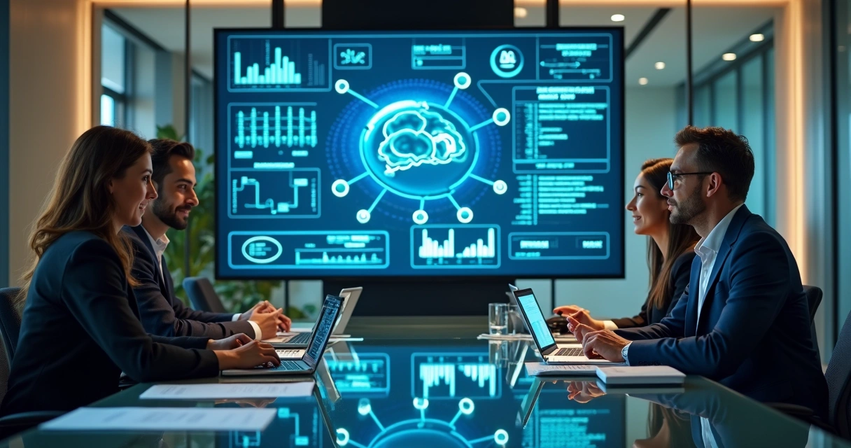 Telão exibindo blockchain e gráficos financeiros, equipe de empresários analisando informações de criptomoedas e documentos. 