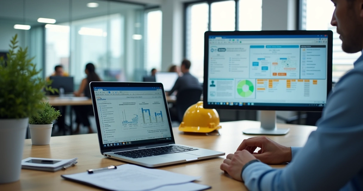 Profissional de segurança do trabalho analisando registros digitais da NR-1 em um notebook 
