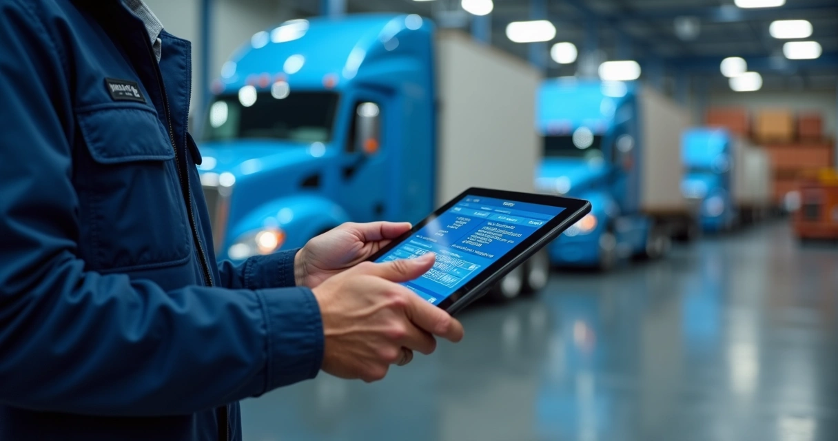 Funcionário usa tablet em controle digital no pátio de caminhões 