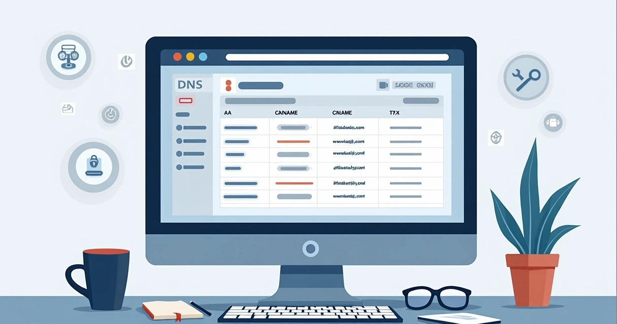 Visão geral de painel DNS com exemplos de registros A, CNAME, TXT e MX. 