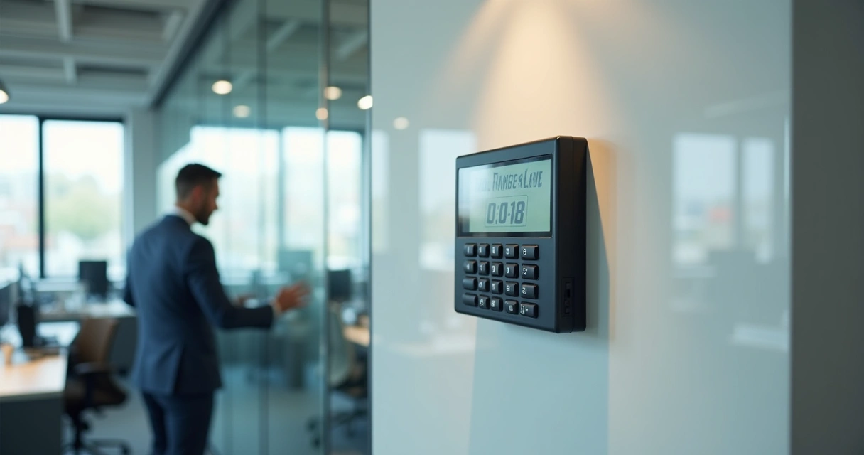Funcionário usando terminal de ponto eletrônico em escritório moderno. 