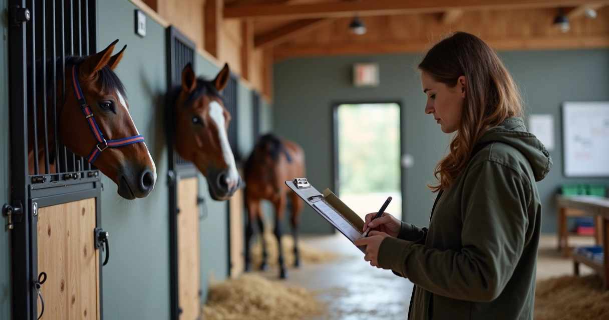 Criador de cavalos anotando registros de reprodução em haras organizado 
