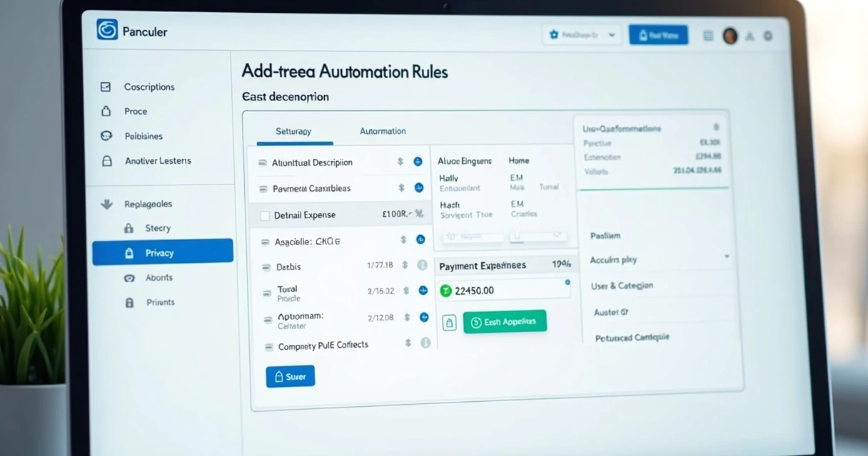Tela exibindo configuração de automação com critérios múltiplos para categorias de gastos 