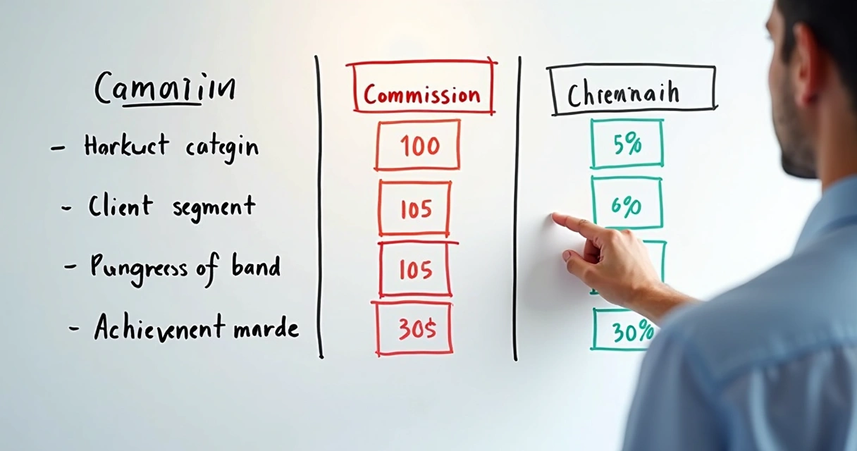 Quadro de regras de comissão com diferentes percentuais por faixa de resultado, apresentado de forma clara e visual. 