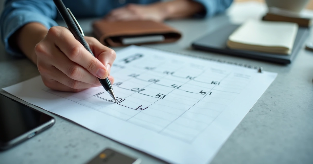 Pessoa marcando sete dias em calendário ao lado de carteira 