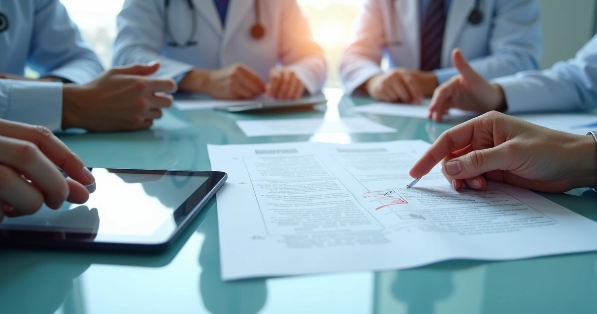Equipe médica revisando regras da CFM em documentos para anúncios digitais, com tablet em evidência 