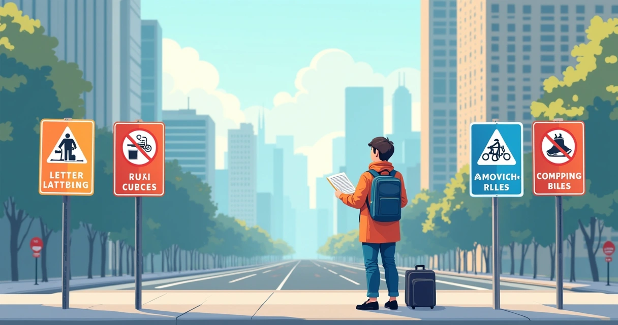 Ilustração de turista lendo placas de regras urbanas em cidade internacional