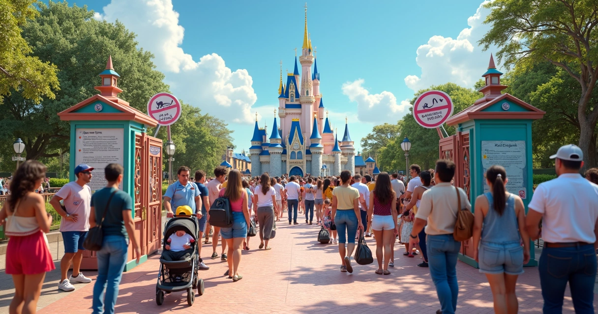 Visitantes na fila de entrada dos parques Disney com placas de regras visíveis e controle de acesso
