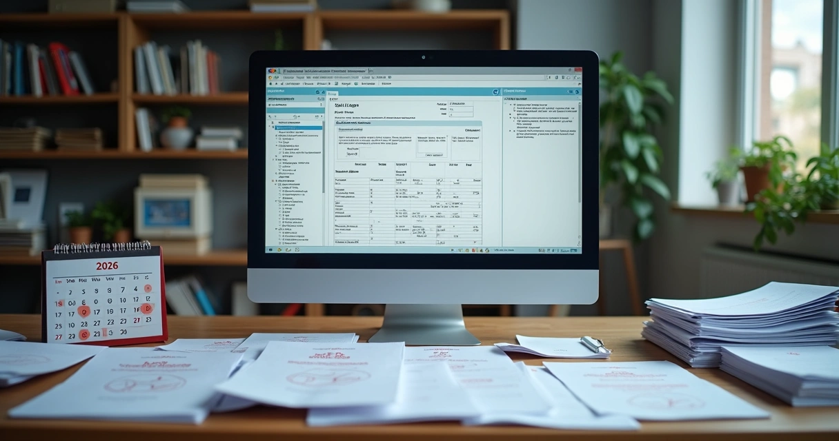 Conta fiscal com dados incorretos em tela de computador ao lado de pilha de documentos 