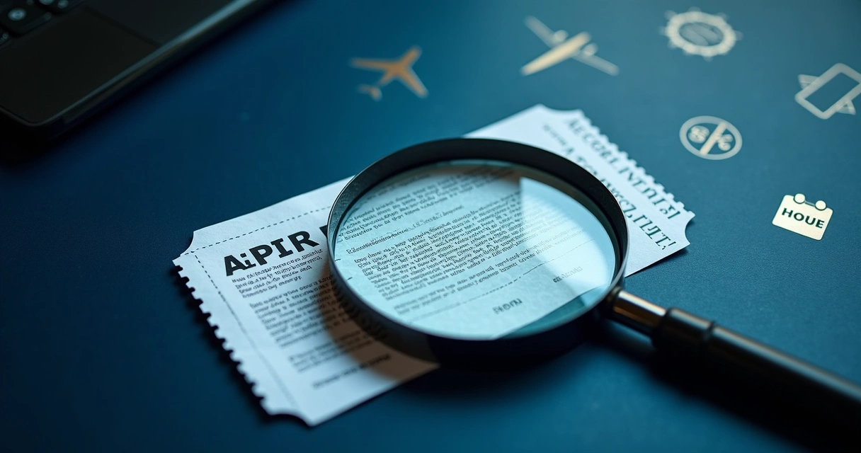 Lupa destacando letras miúdas em bilhete aéreo promocional sobre fundo escuro 