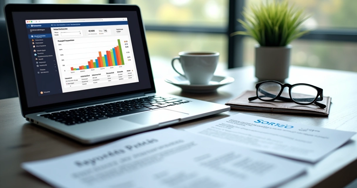 Documentos com regras para promoção comercial ao lado de um laptop em mesa de escritório 