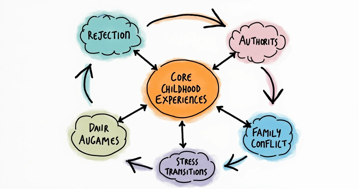 Diagram showing emotional regression triggers branching from core childhood experiences.