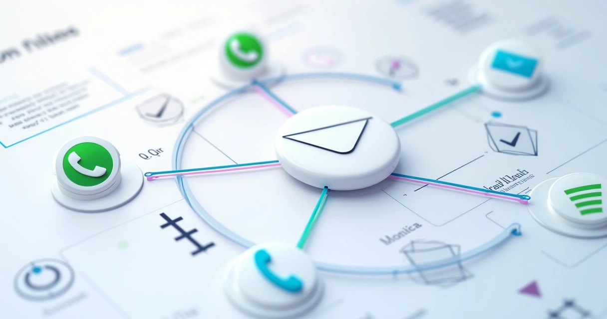 Representação visual de régua de cobrança multicanal com ícones de WhatsApp, e-mail, SMS, voz e aplicativos 