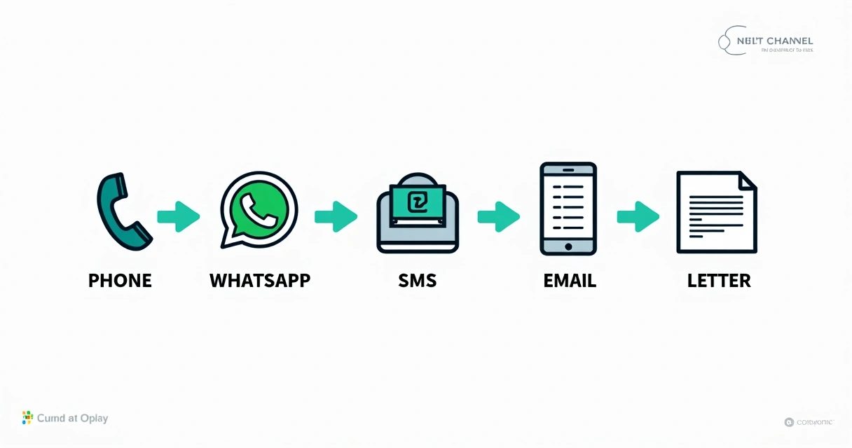 Gráfico mostrando régua multicanal de cobrança com telefone, WhatsApp, SMS, e-mail e carta 