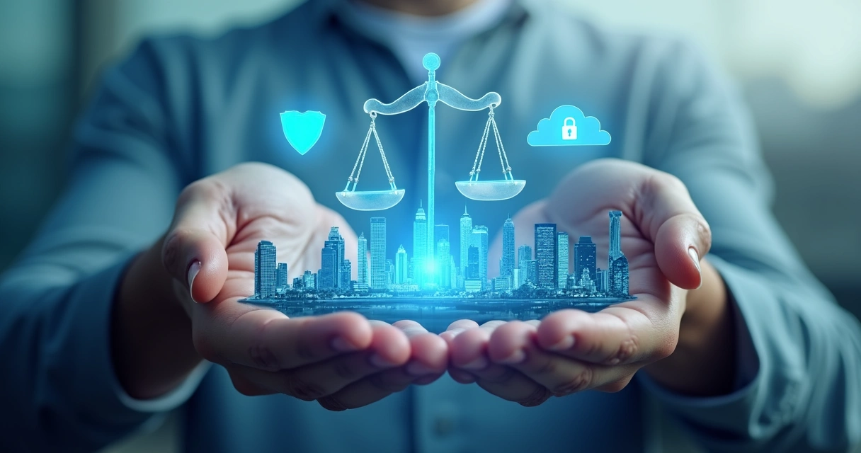 Regulação digital representada por mãos segurando símbolos de tecnologia e justiça 