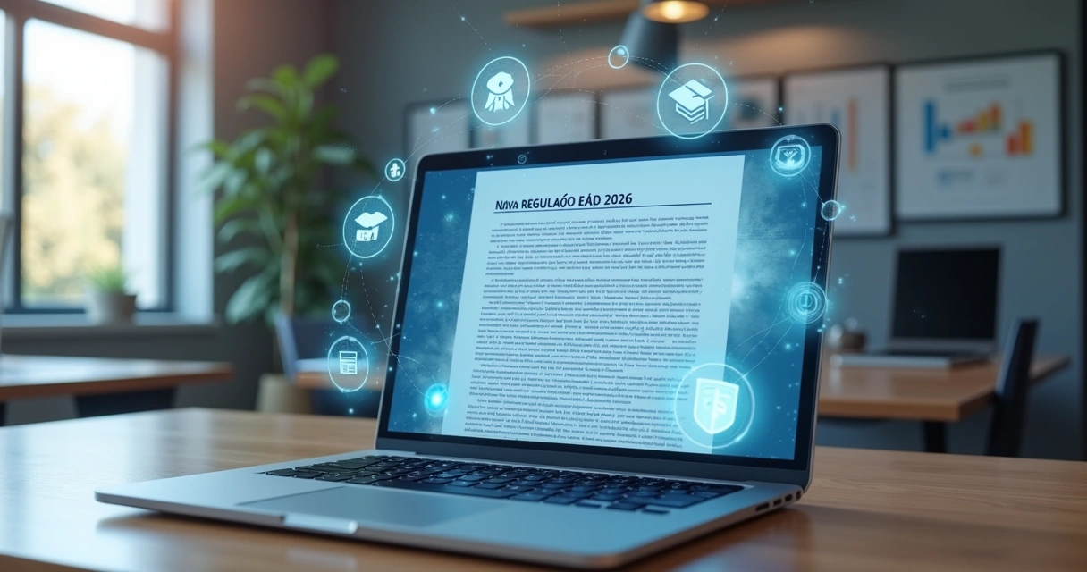 Computador mostrando uma tela com documento oficial sobre regulação EAD e ícones de educação online ao redor 
