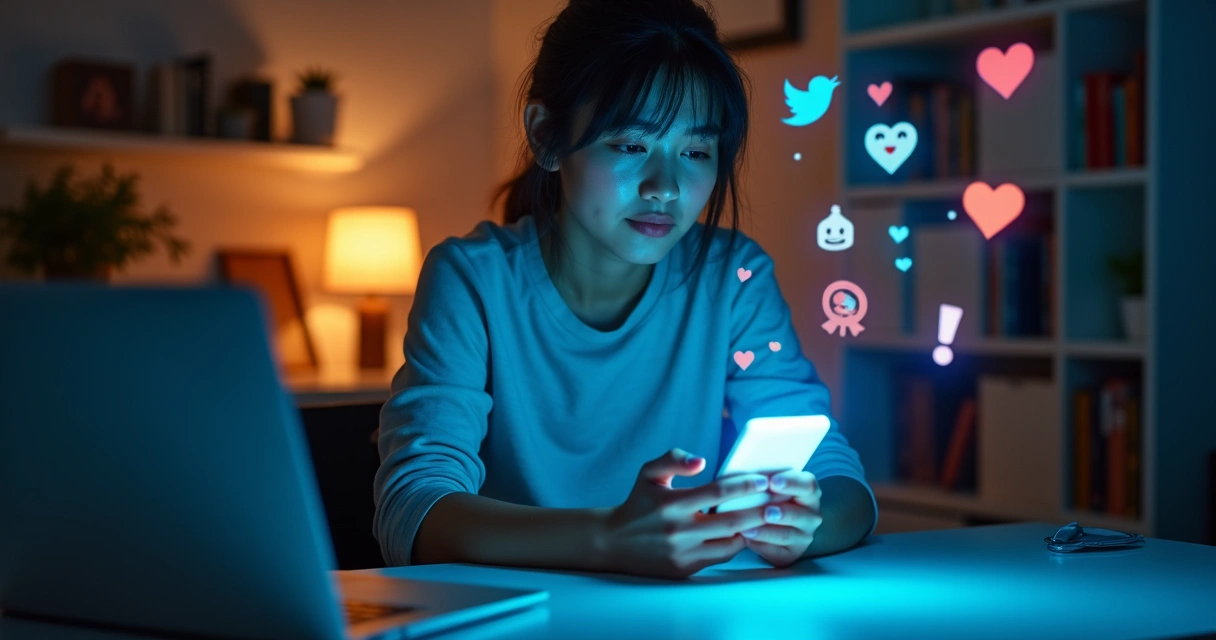 Pessoa olhando para o celular com expressões digitais contrastantes em volta 