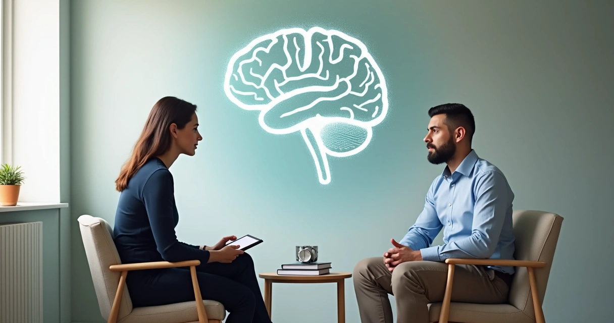 Psicóloga em sessão com esquema neural e foco em regulação emocional