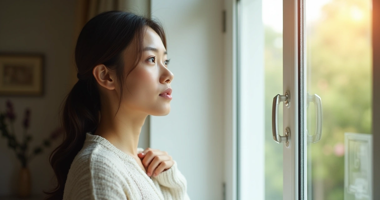 Pessoa em pé olhando pela janela com expressão serena e postura relaxada, luz suave entrando 