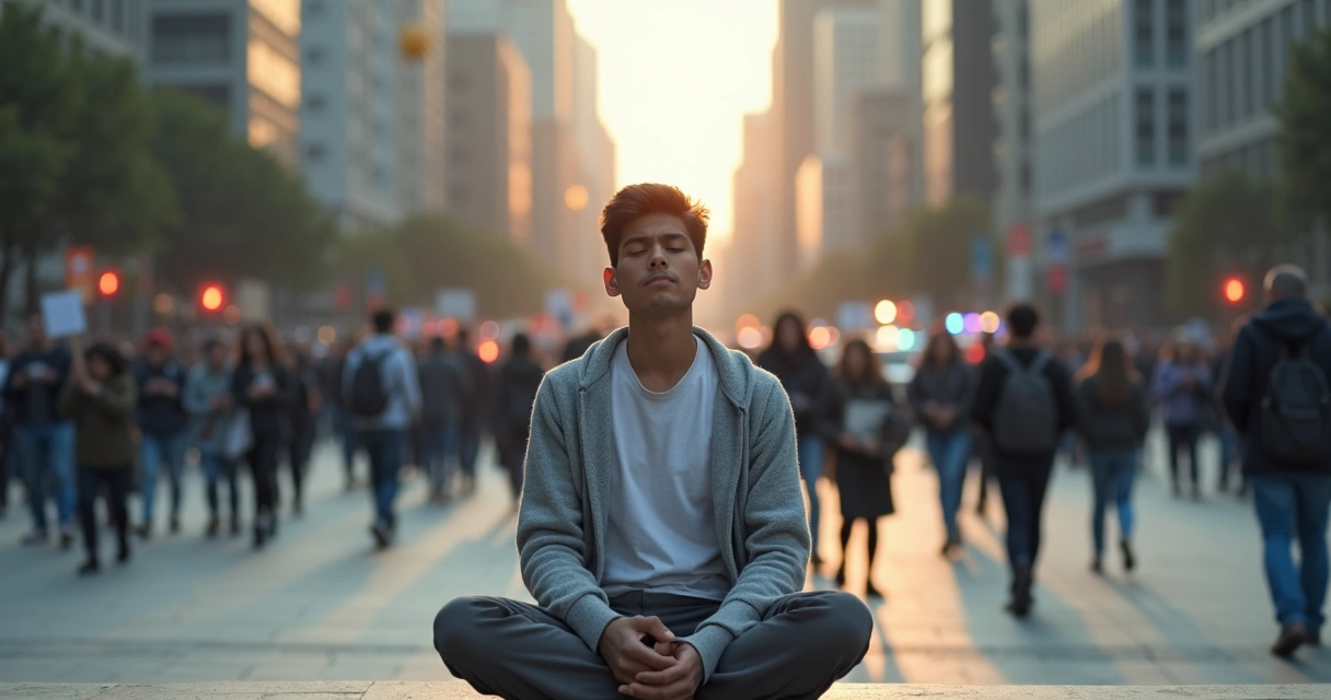 Pessoa sentada em meio à cidade caótica mantendo expressão calma e postura serena 