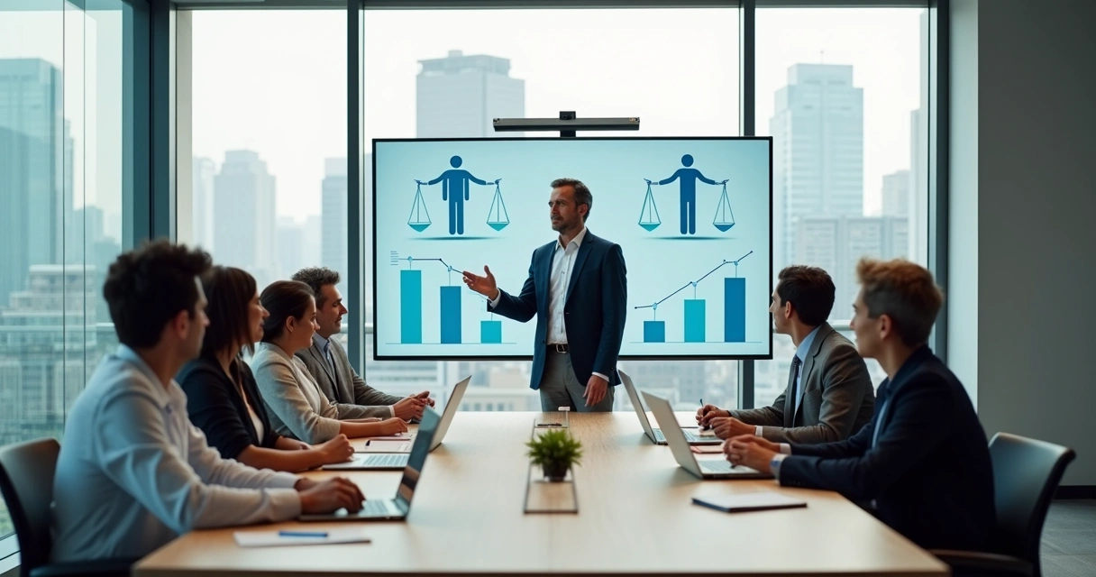 Reunião de trabalho com líder explicando equilíbrio entre emoções e resultados 