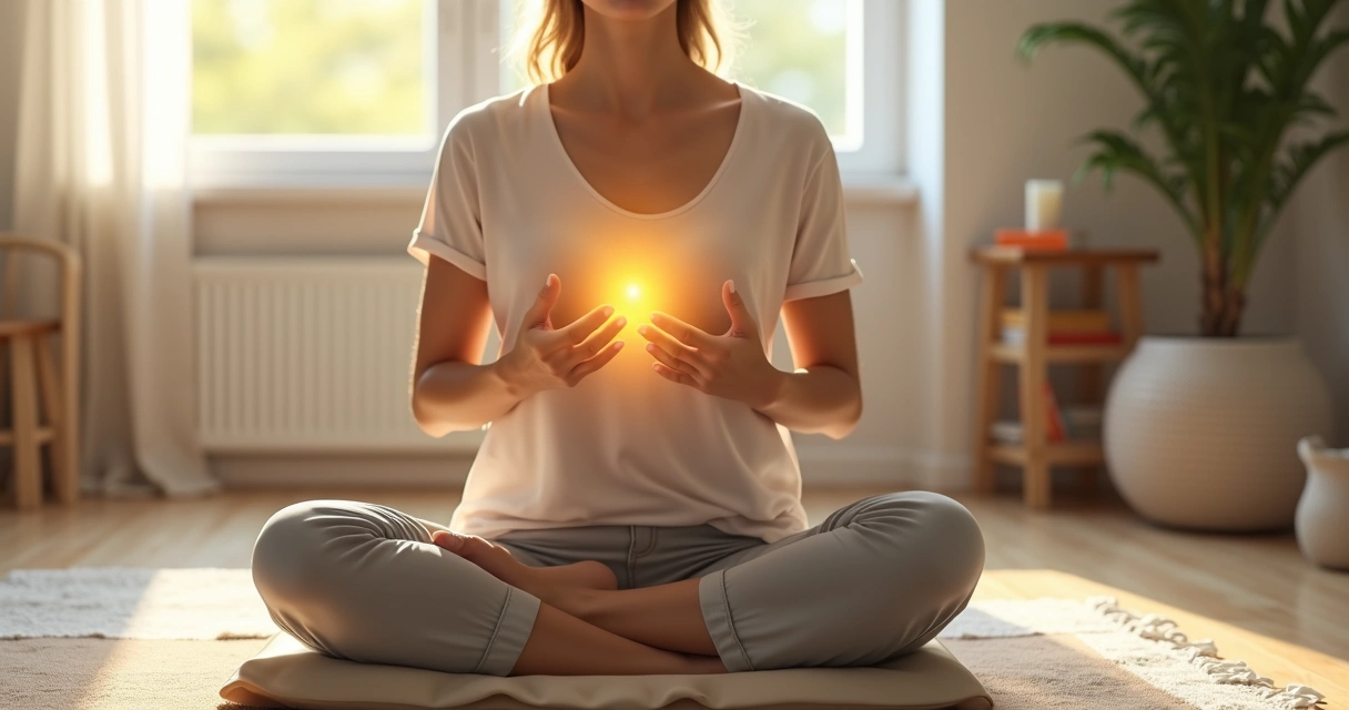 Pessoa sentada em posição de meditação com luz suave sobre o peito 