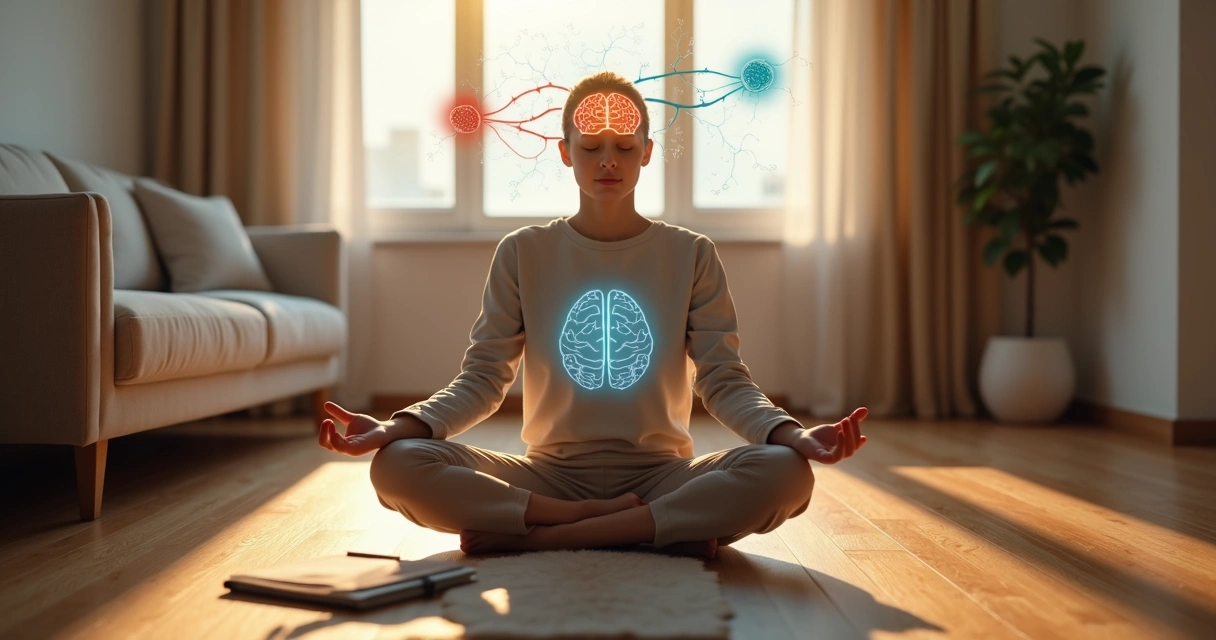 Adulto sentado em meditação com visualização gráfica do cérebro e conexões neurais 
