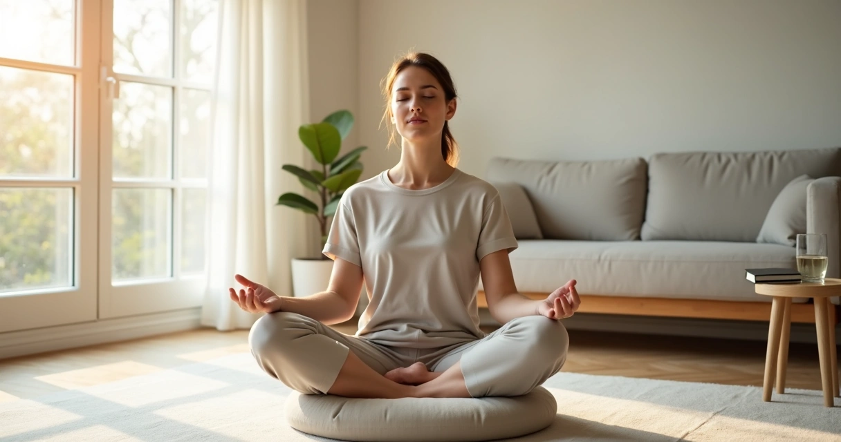 Pessoa sentada em silêncio praticando meditação em uma sala tranquila e iluminada 