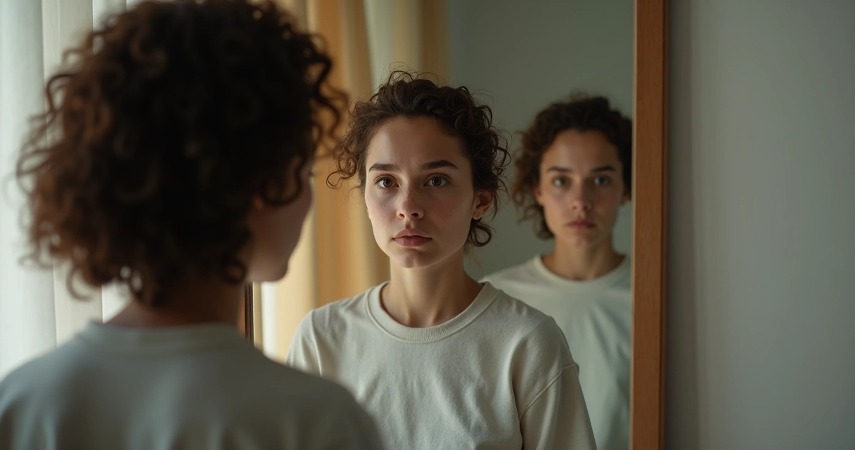 Pessoa parada em frente ao espelho, refletida em três poses diferentes 