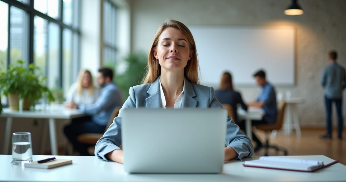 Profissional em escritório moderno praticando respiração profunda diante do computador 