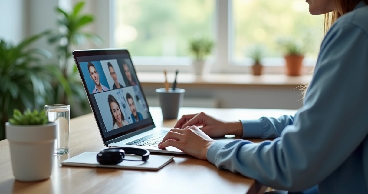 Pessoa usando notebook em ambiente calmo enquanto gerencia emoções em ambiente virtual 