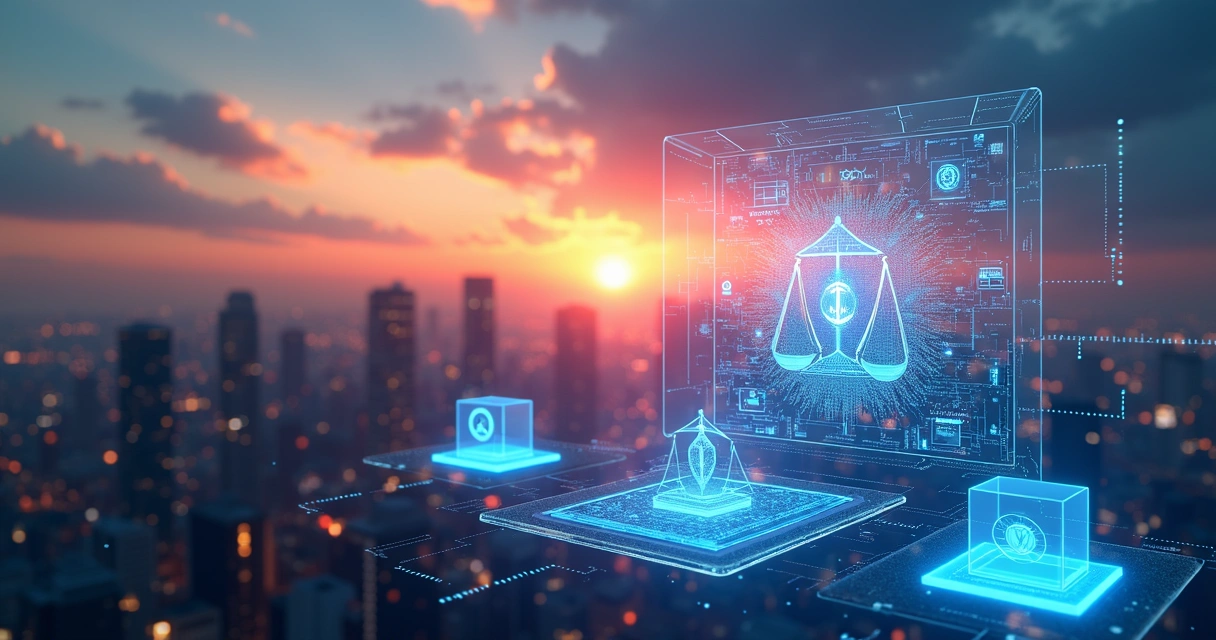 Cenário digital com elementos de inteligência artificial e leis 