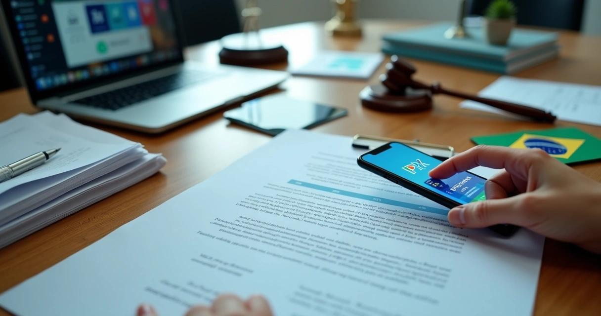 Mesa com documentos legais e símbolos de mercado digital brasileiro