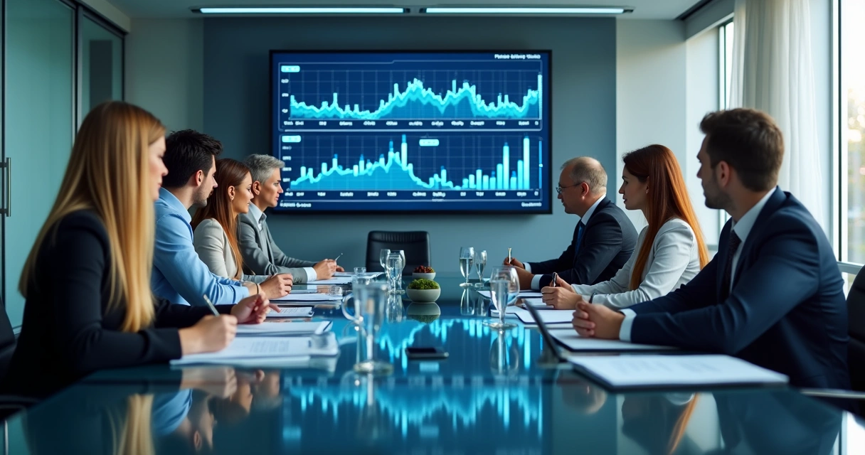 Sala de reunião com equipe analisando gráficos financeiros em telão 