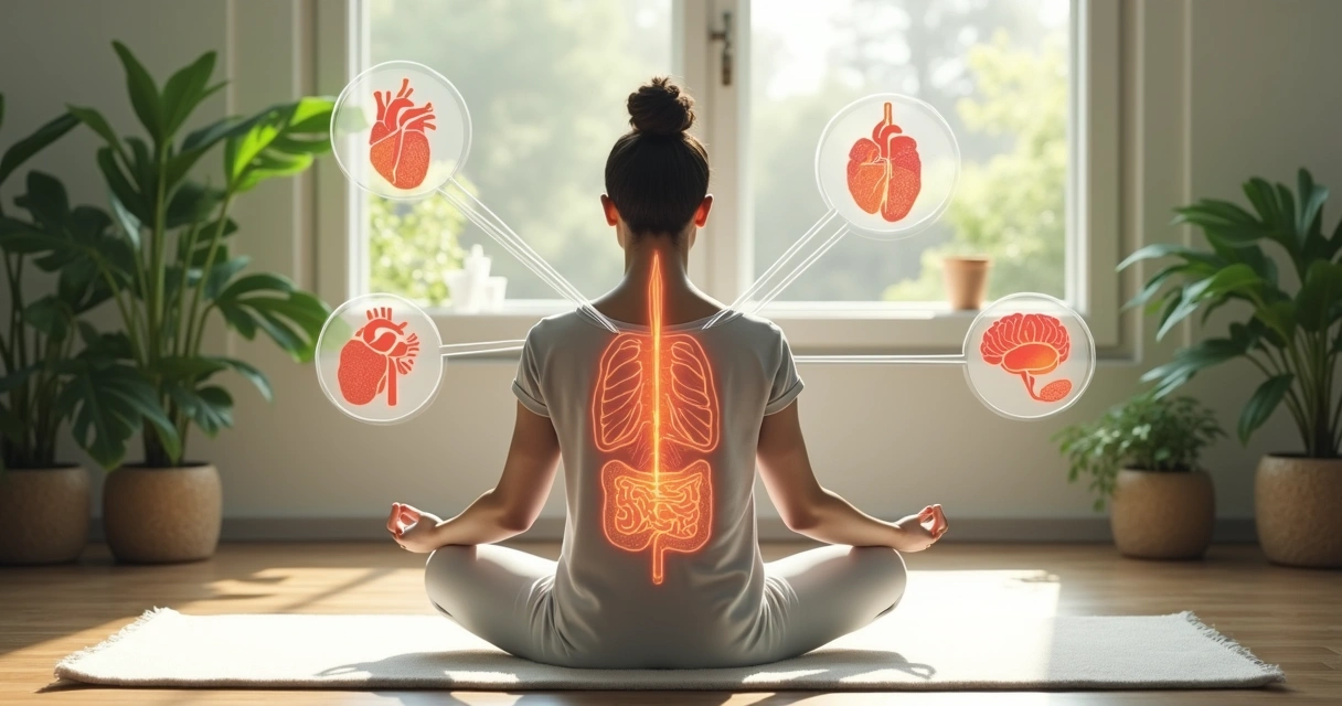 Persona sentada meditando sobre una colchoneta blanca, rodeada de luz natural, con elementos verdes a su alrededor