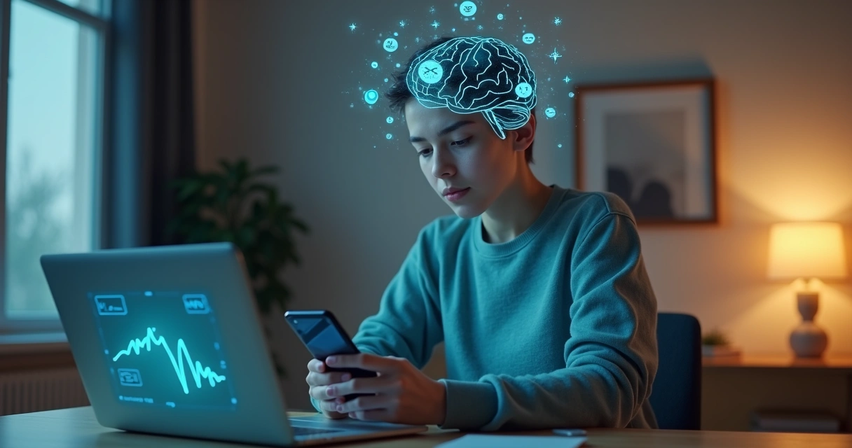 Persona usando el móvil rodeada de iconos digitales y un cerebro iluminado en equilibrio 