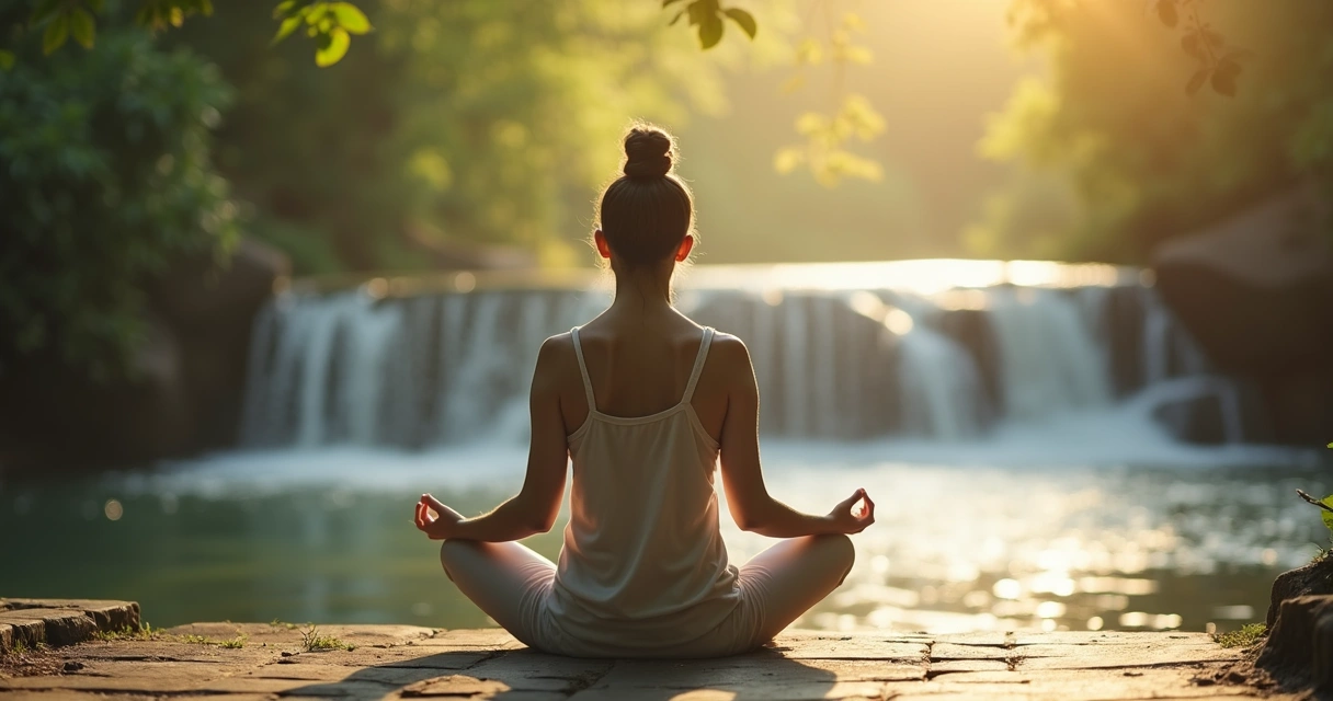 Persona sentada en posición de meditación con entorno natural y colores suaves 