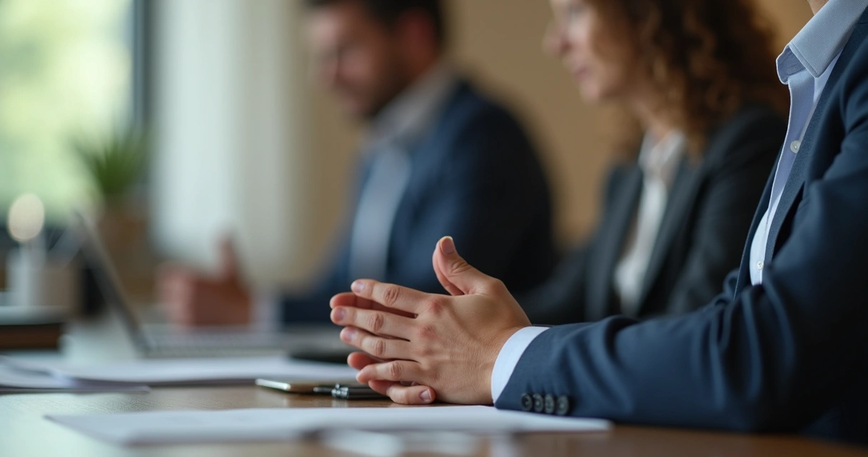 Persona respirando profundamente en oficina durante negociación 