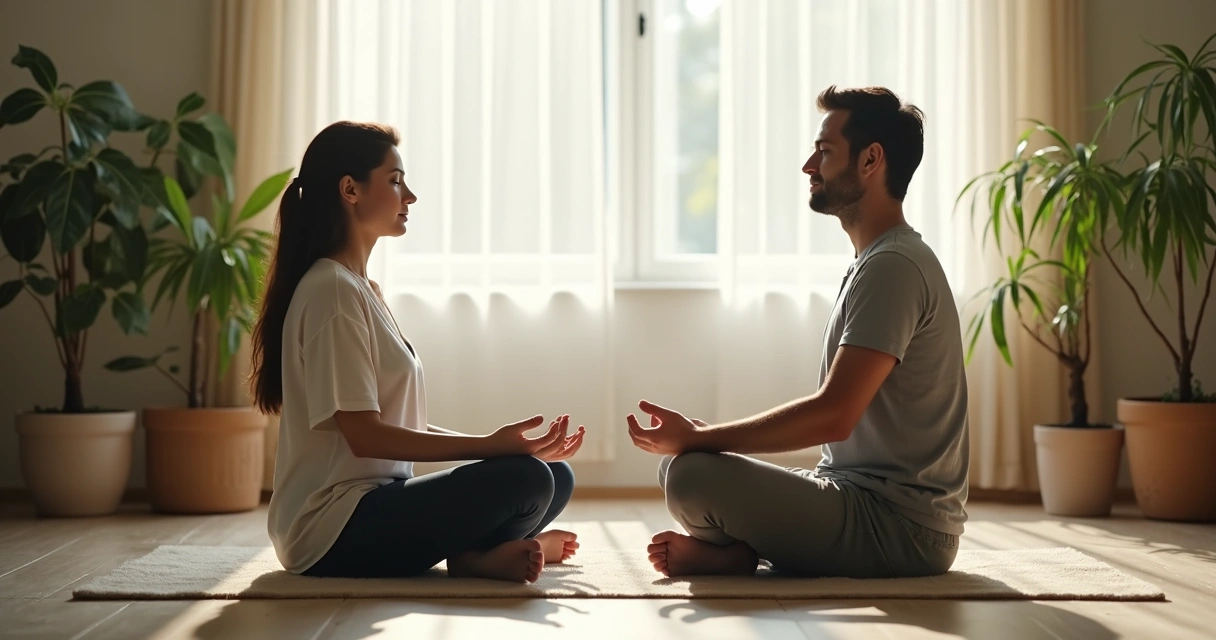 Pareja sentada respirando y calmándose juntos. 