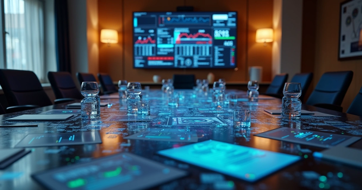 Mesa de reuniões com documentos, telas de computador mostrando gráficos financeiros e câmeras de segurança, representando regulamentação e controle das apostas esportivas no Brasil 