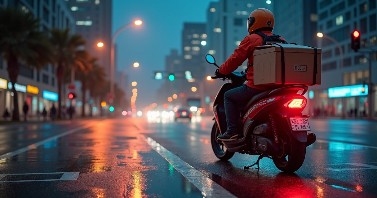 Motoboy de delivery em avenida urbana à noite com ícones de regulamentação 