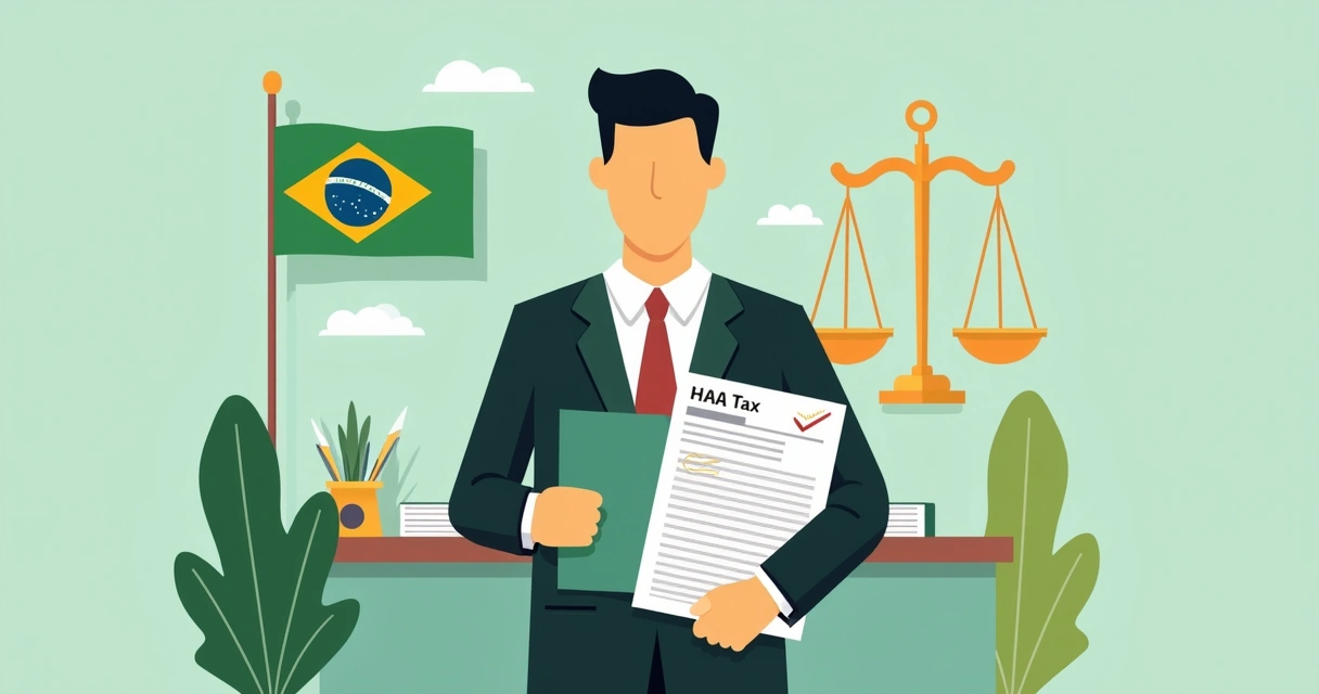 Ilustração de empreendedor com documentos fiscais e leis ao fundo 