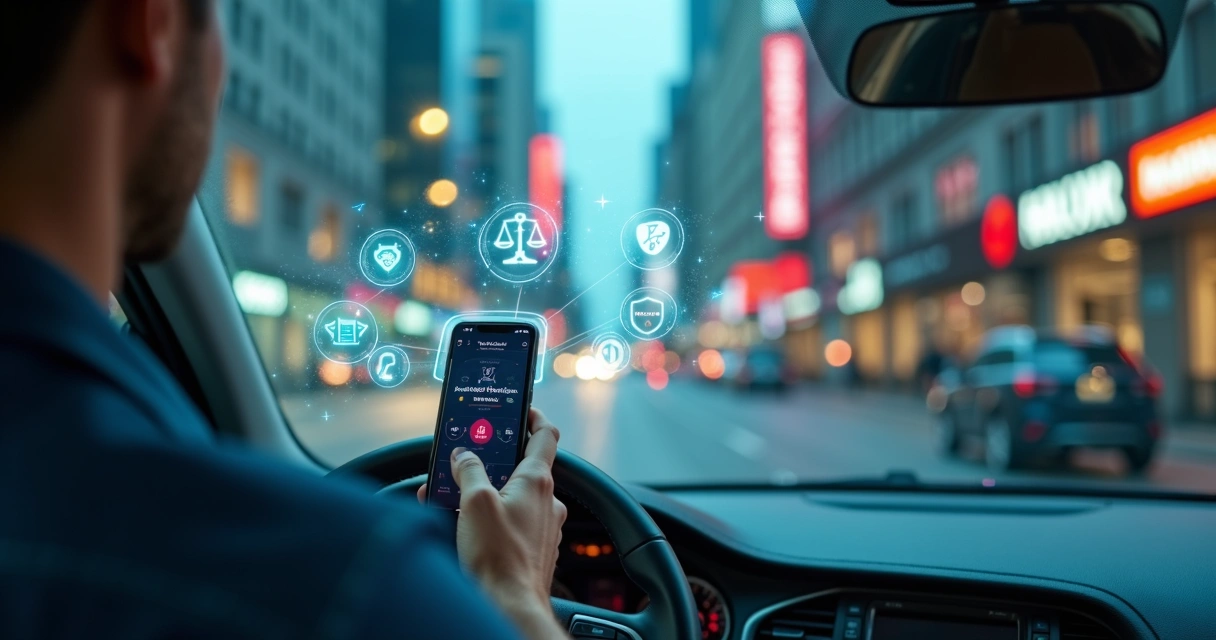 Motorista de aplicativo em uniforme usando smartphone com ícones digitais de trabalho e justiça ao redor 