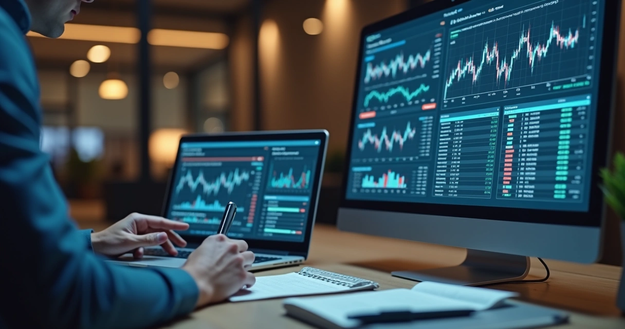 Trader lendo regulamento de mesa proprietária em tela de notebook 