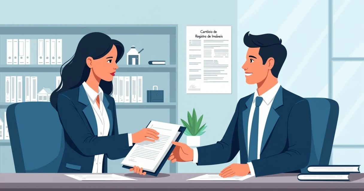 Pessoa entregando documentos em cartório para regularização imobiliária