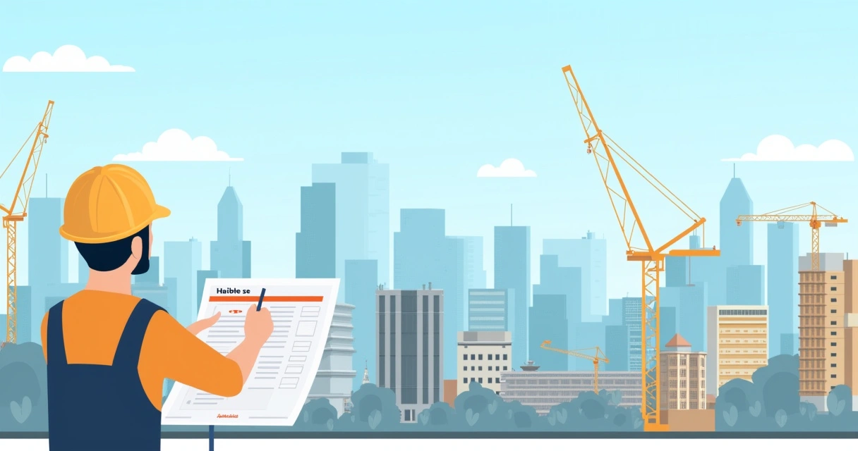 Ilustração de um trabalhador da construção segurando o Habite-se com um cenário urbano ao fundo.