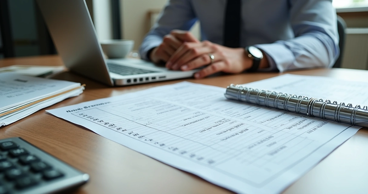 Profissional revisando documentos contábeis e calendário fiscal