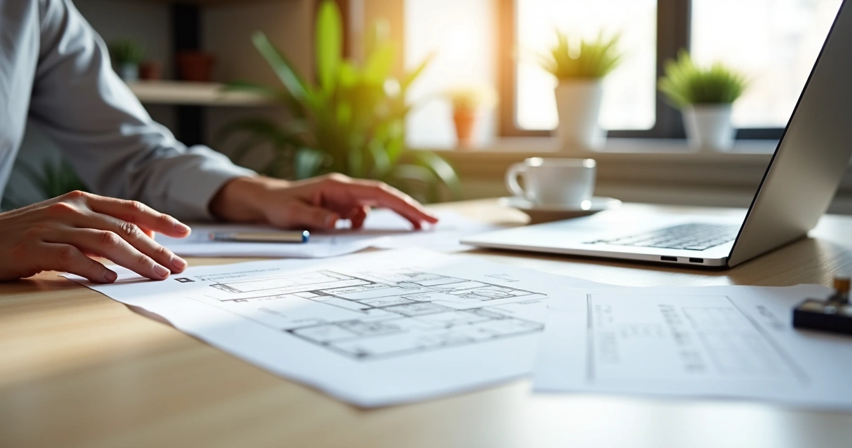 Como regularizar um imóvel, Pessoa revisando documentos imobiliários em mesa com planta e laptop ao lado 