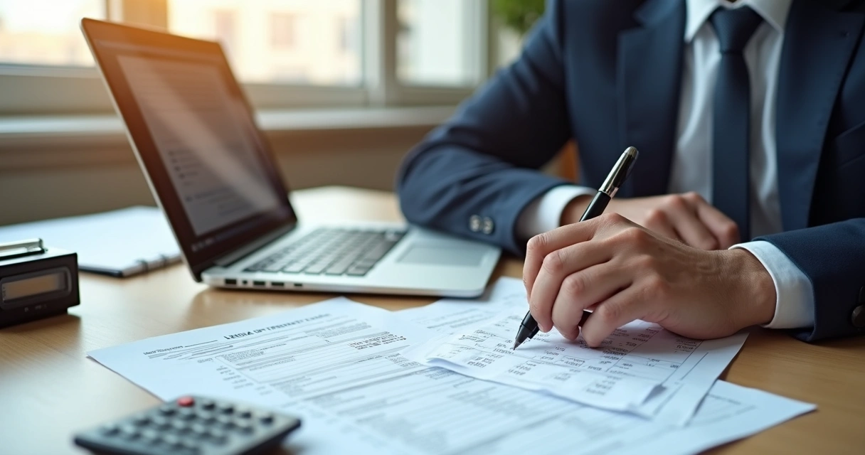 Profissional de contabilidade analisando documentos fiscais em mesa de escritório 