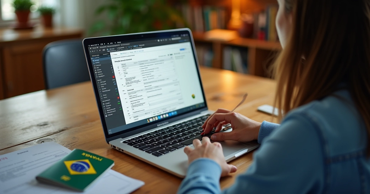 Pessoa preenchendo formulário fiscal no laptop com passaporte ao lado 